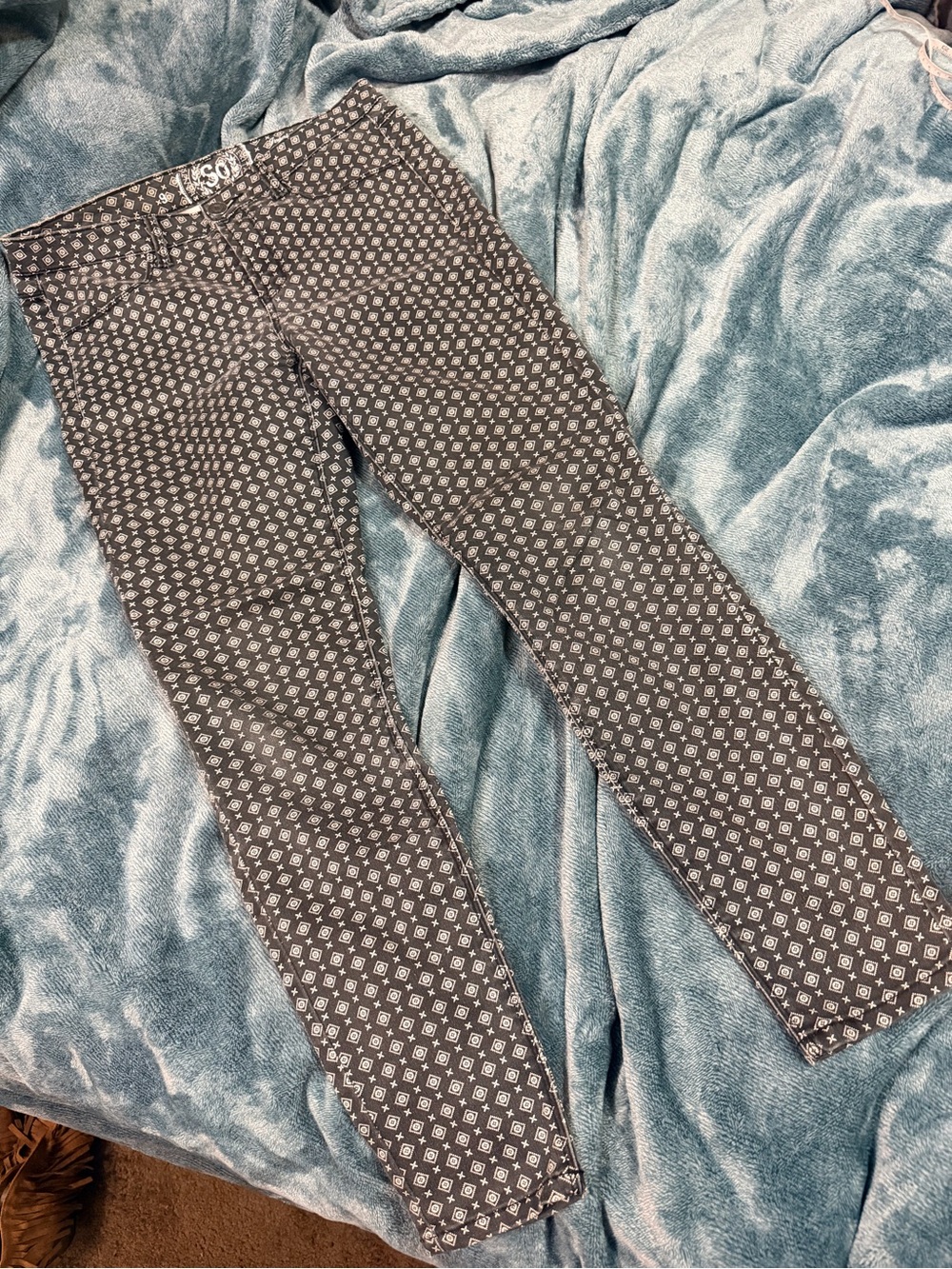 SO Black Slim Leg Pants with White Geometric Print
